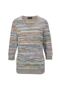 Mehrfarbiger Strickpullover mit Rundhalsausschnitt und Dreiviertelärmel. Verfügt über horizontale Streifen in verschiedenen Farben und ein strukturiertes Strickmuster.