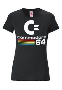 Black cotton t-shirt featuring a large white "C" logo, "commodore" in white, and "64" below, with colorful striped accents in red, blue, and yellow.