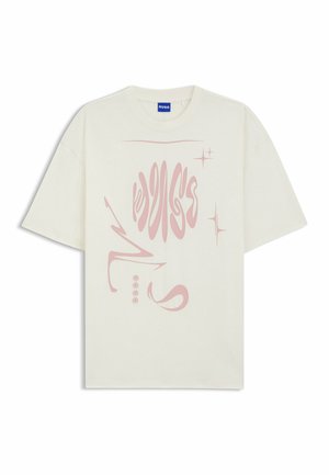 T-shirt a manica corta color crema con un grande motivo grafico astratto rosa sul davanti. Presenta una scollatura rotonda e una vestibilità rilassata.