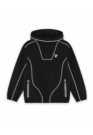 Zwarte capuchonjas met witte reflecterende bies langs de naden, twee voorzakken met rits, elastische manchetten en een klein vogel-logo op de borst.