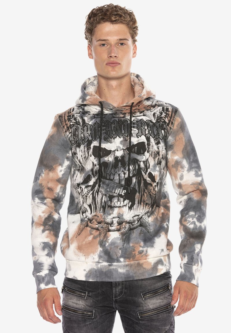 Kapuzensweatshirt in Batik-Grau-, Weiß- und Pfirsichtönen. Mit einem Totenkopf-Graphic, Kettendetail und verstellbaren Kordeln.