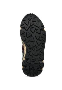 Suola in gomma nera con battistrada triangolare, intersuola beige e tomaia in lana texturizzata con motivo multicolore.