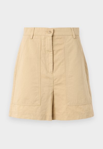 Beige cotton shorts with a high waist, front button closure, belt loops, and two front patch pockets. Smooth texture and tailored design.