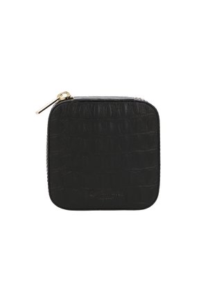 Black leather pouch with a textured crocodile pattern, square shape, gold zipper hardware, and embossed branding on the front.