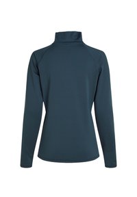 Haut bleu foncé à manches longues avec col montant, vu de dos, avec manches raglan et détails simples de coutures.