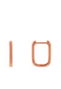 Sett med hooppene i rosé-gull, som inneholder en tykk rektangulær form og en slank oval form, med glatt tekstur og polert overflate.