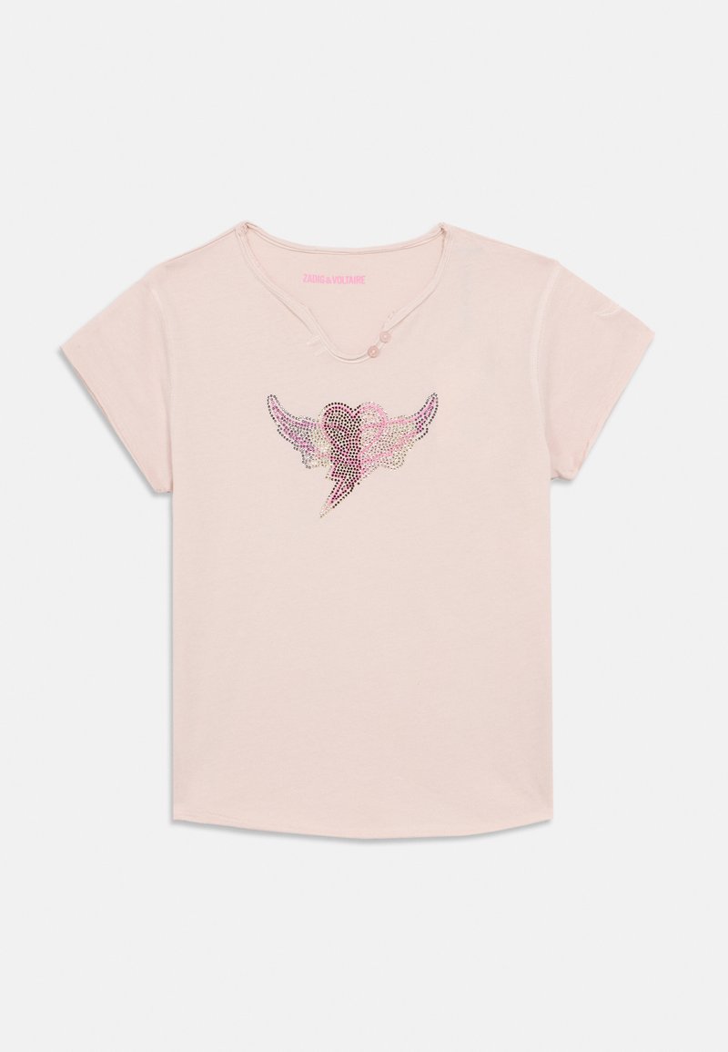 Ροζ κοντομάνικη μπλούζα με στρογγυλή λαιμόκοψη, με σχεδιασμό λαμπερή καρδιά με φτερά κατασκευασμένη από πολύχρωμους κρύσταλλους μπροστά.