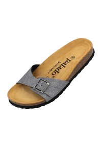 Black and gray slide sandal with a textured strap featuring a silver buckle. Cork footbed with a cushioned base, rubber outsole for traction.