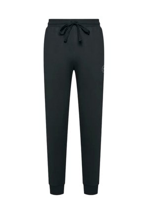 Pantalons de survêtement noirs en mélange de coton, dotés d'une taille élastique avec cordon de serrage, de poignets côtelés et d'un logo sur la cuisse gauche.