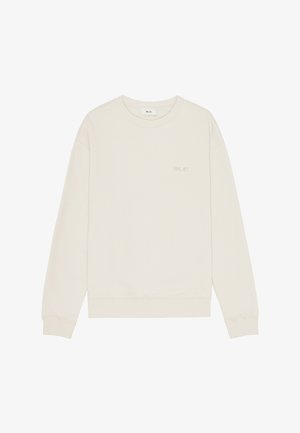 Helles beiges Sweatshirt aus Baumwolle. Verfügt über einen Rundhalsausschnitt, lange Ärmel und ein kleines gesticktes Logo auf der Brust. Weicher Stoff.