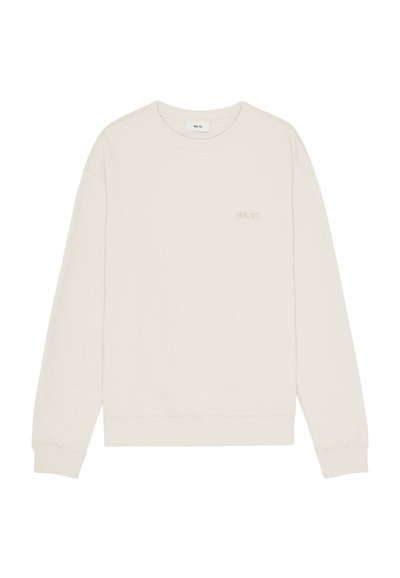 Helles beiges Sweatshirt aus Baumwolle. Verfügt über einen Rundhalsausschnitt, lange Ärmel und ein kleines gesticktes Logo auf der Brust. Weicher Stoff.