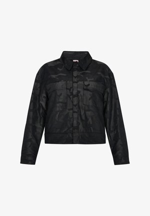 Sort jakke med camouflagemønster lavet af letvægtsstof, med krave, knaplukning og to frontlommer. Kropskort design.