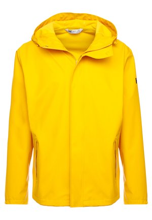Gelbe wasserdichte Jacke mit Kapuze, vorderem Reißverschluss und zwei seitlichen Taschen. Glatte Textur und leichtes Design.