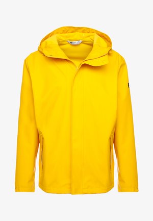 Cazadora impermeable amarilla con capucha, cierre frontal con cremallera y dos bolsillos laterales. Textura suave y diseño ligero.