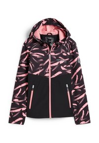 Black and pink hooded jacket with brushstroke pattern, zip front, two side pockets, and logo on the chest. Soft inner lining.