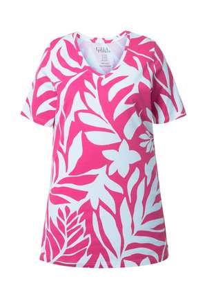 Kurzärmeliges V-Ausschnitt-T-Shirt mit rosa-weißem tropischem Blatt- und Blumenmuster, aus 100 % Baumwolle gefertigt.