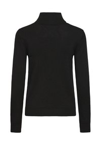 Pull noir à col roulé manches longues avec col, poignets et ourlet côtelés, vu de dos sur fond blanc.