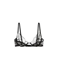 Black lace bralette with adjustable straps. Features a triangle shape, delicate floral patterns, and a soft band for support.