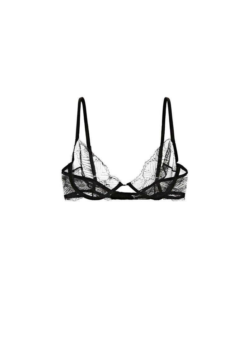 Black lace bralette with adjustable straps. Features a triangle shape, delicate floral patterns, and a soft band for support.