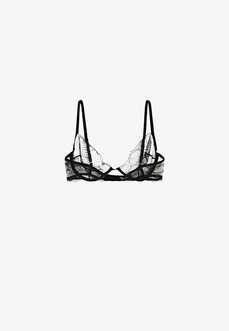 Zwarte kanten bralette met verstelbare bandjes. Heeft een driehoekige vorm, delicate bloemenpatronen en een zachte band voor ondersteuning.