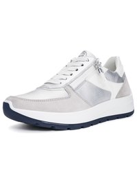 White and gray low-top sneaker with lace-up front, side zipper, textured panels, and black rubber sole.