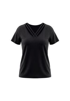 Top negru cu mâneci scurte și decolteu în V, cu detaliu dublu al curelelor pe piept, prezentat pe fundal alb.