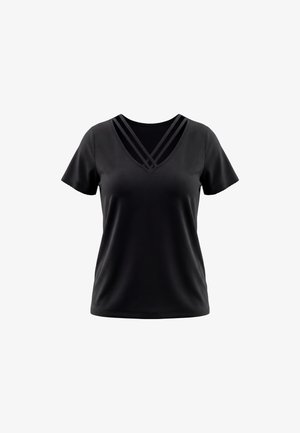 Sort kortærmet top med V-hals og dobbelt stropdetalje over brystet, vist på hvid baggrund.