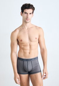 Sivi bokserski šortai s kontrastnim črnimi pasom in šivi. Narejeni iz gladkega materiala, ki ima oprijet kroj. Model stoji pokončno.