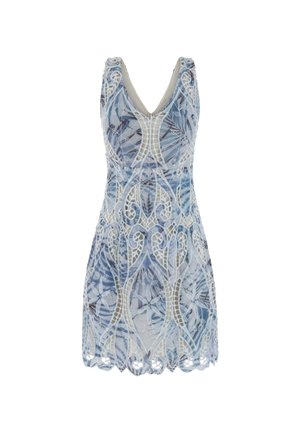 Blue floral dress with lace overlay. Features a V-neck, sleeveless design, and intricate patterns stitched into fabric. Scalloped hemline.