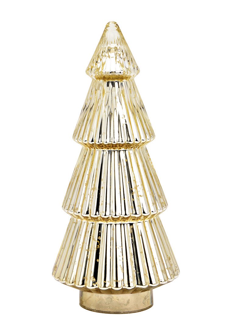 Sculpture de sapin de Noël en verre, teinté d'or, présentant une texture cannelée, cinq sections de type superposé et une base ronde. Surface réfléchissante.