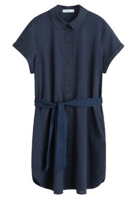 Robe chemise bleu marine à manches courtes, boutonnée à l'avant, col et ceinture assortie en tissu à la taille. Texture lisse et coupe décontractée.