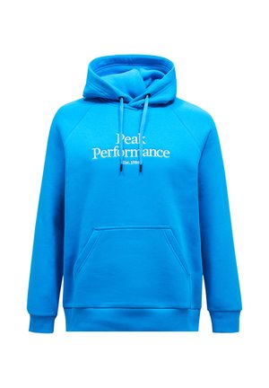 Blaue Kapuzenjacke mit einer frontalen Kängurutasche, verstellbarem Kordelzug am Kapuzenrand und weißem "Peak Performance"-Text mit Gründungsdatum.
