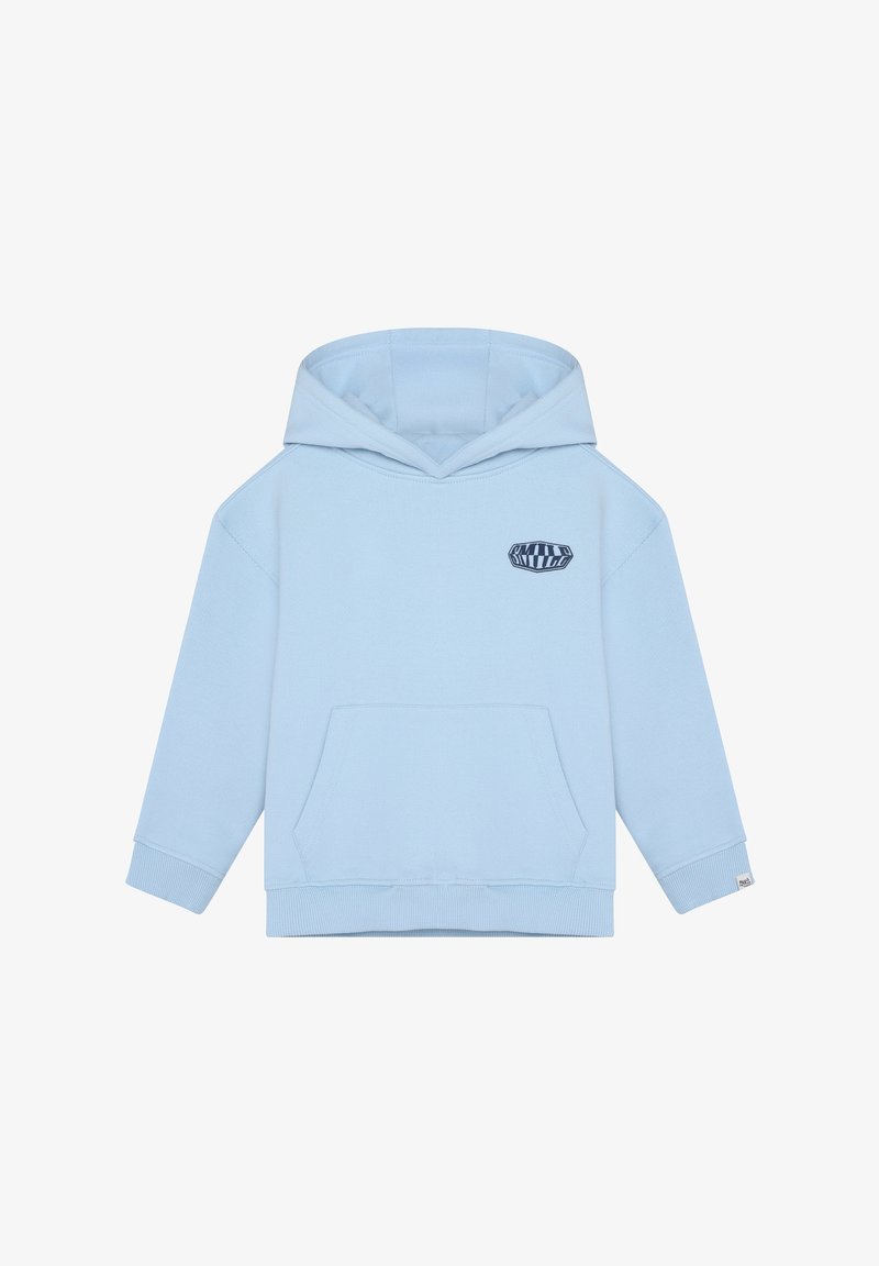 Sweat à capuche bleu clair en tissu doux, doté d'une poche kangourou, de poignets côtelés et d'un petit motif bleu marine sur la poitrine.