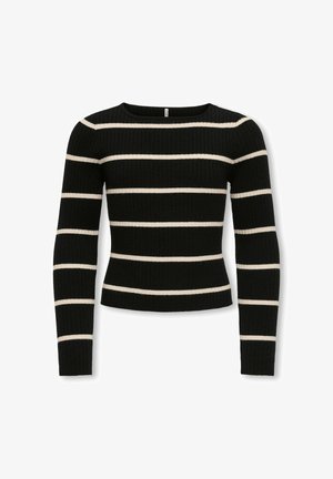 Czarny prążkowany sweter z długim rękawem, z poziomymi białymi paskami i okrągłym dekoltem, zaprezentowany na białym tle.