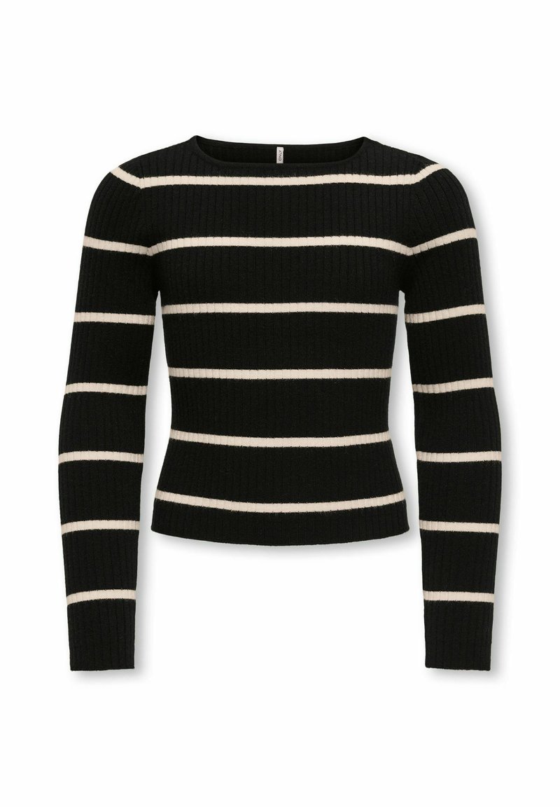 Pull à manches longues noir côtelé avec des rayures blanches horizontales et un col rond, présenté sur un fond blanc.