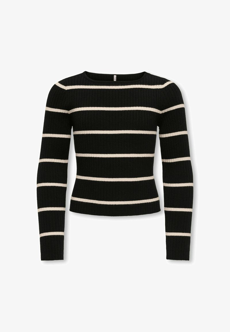 Pull à manches longues noir côtelé avec des rayures blanches horizontales et un col rond, présenté sur un fond blanc.