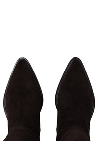 Schwarze Wildleder-Ankle-Boots mit spitzen Zehen und glatten schwarzen Sohlen. Die Schäfte bestehen aus weichem Wildleder und zeichnen sich durch ein schlankes Design aus.