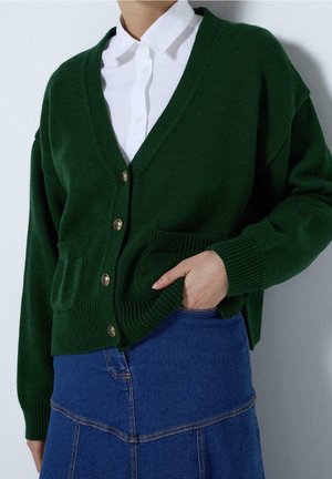 Person trägt eine dunkelgrüne, geknöpfte Strickjacke über einem weißen Hemd mit Kragen und einem blauen Jeansrock, mit einer Hand in der Strickjackentasche, vor einfachem Hintergrund.