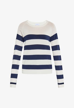 Lightweight, crew-neck sweater with long sleeves, featuring horizontal navy and white stripes, made of soft knit fabric.