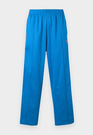 Μπλε αθλητικό παντελόνι με ελαστική μέση, διακοσμημένο με πορτοκαλί πλαϊνές ρίγες και λεία υφή υφάσματος, σχεδιασμό με ίσια γραμμή και χωρίς τσέπες.