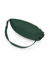 Groene stoffen heuptas met een slank, langwerpig ontwerp. Voorzien van een ritssluiting en een verstelbare band. Het oppervlak heeft een gladde textuur en gestikte accenten.