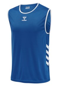 Blauwe mouwloze sportshirt, gemaakt van glad synthetisch materiaal, met witte accenten en geometrische strepen aan de zijkant. Merklogo op de borst.