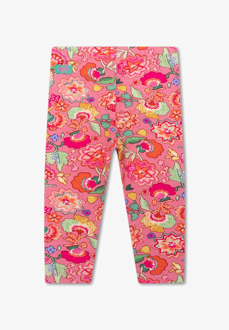 Roze floral leggings met een levendig patroon van kleurrijke bloemen en bladeren. Gemaakt van zachte, rekbare stof voor comfort.