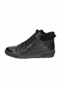 Fekete bőrből készült magas szárú sneaker, texturált felülettel, fűzős elejével, oldalsó cipzárral, műszőrme gallérral és tapadásos gumitalppal.