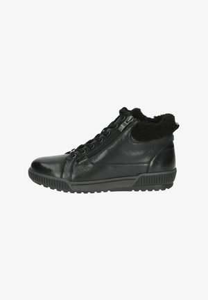 Fekete bőrből készült magas szárú sneaker, texturált felülettel, fűzős elejével, oldalsó cipzárral, műszőrme gallérral és tapadásos gumitalppal.