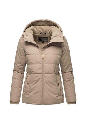 Chaqueta acolchada beige con capucha, que presenta un cierre de cremallera en la parte delantera, un forro interior suave y acentos de botones en los bolsillos y los puños. Tejido texturizado.