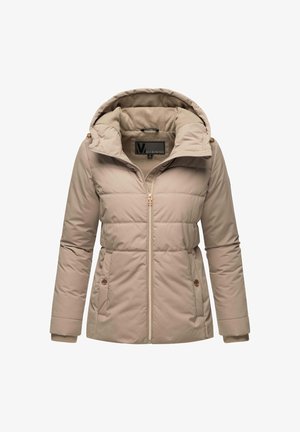 Jachetă puf bej cu glugă, dotată cu fermoar în față, căptușeală interioară moale și accente cu nasturi pe buzunare și pe manșete. Țesătură texturată.