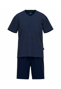 Navy-gestreiftes T-Shirt mit V-Ausschnitt und grünem Besatz, kombiniert mit einfarbigen navy Shorts, gefertigt aus weichem, atmungsaktiven Stoff.