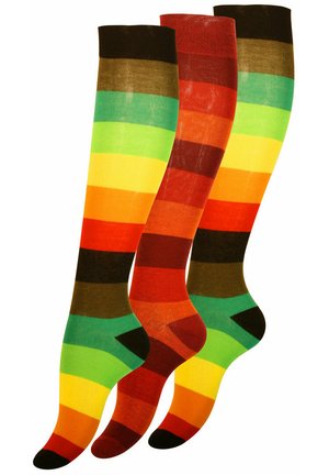 Colorful striped knee-high socks in green, yellow, orange, red, and brown. Each pair features distinct alternating horizontal bands.