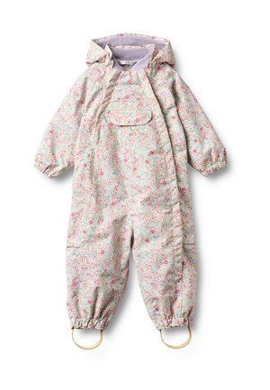 Combinaison de neige pour tout-petit à motif floral, avec capuche, rabat de poche poitrine, poignets élastiques et sangles de pied, aux couleurs pastel rose, violet et vert.